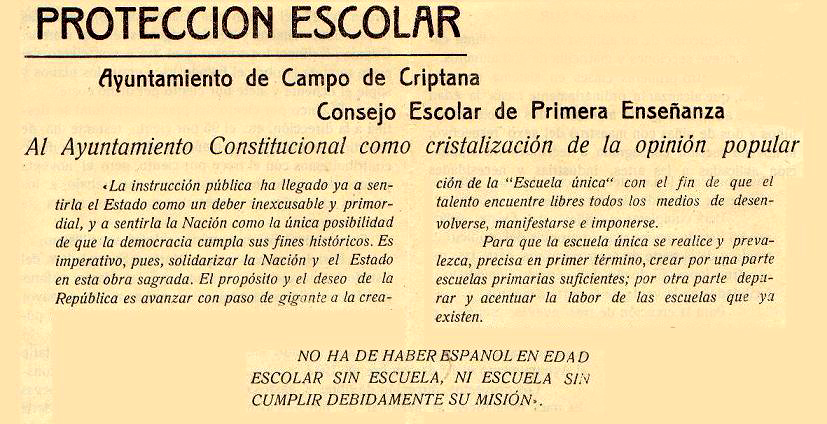 Plan escolar del Ayuntamiento republicano de Campo de Criptana