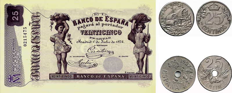 Primera emisin de papel moneda en pesetas, la caraba y la del agujero