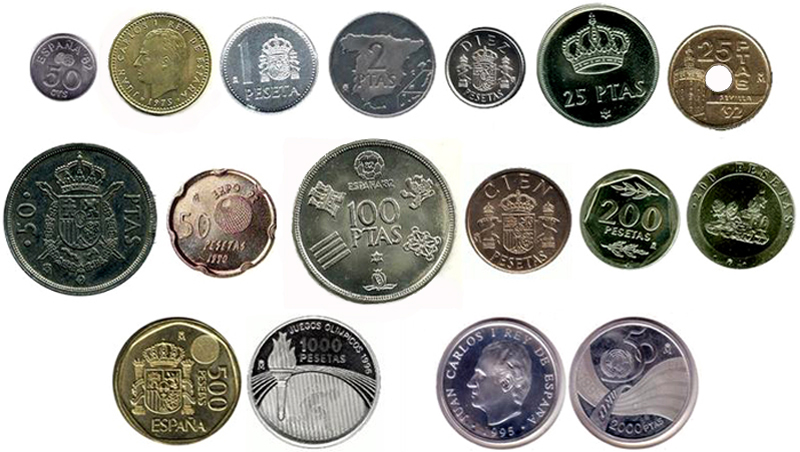 Algunas de las monedas emitidas durante el reinado de Juan Carlos I