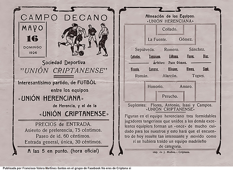 Programa de mano de un partido de la Unin Criptanense en 1926