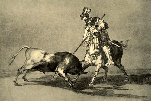 Caballero lanceando un toro. Goya