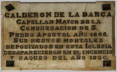 Placa Caldern de la Barca en la parroquia de los Dolores